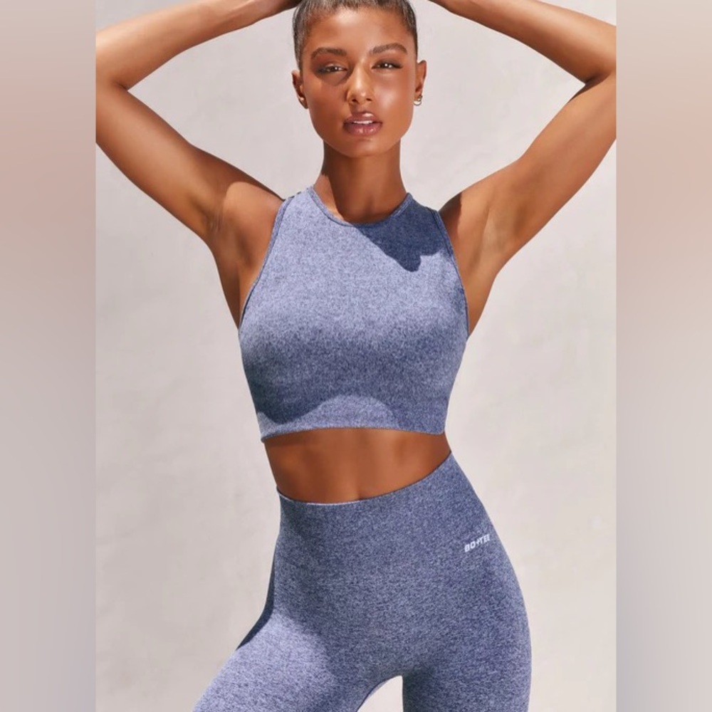 BO+TEE Success Blue Seamless High Neck Crop Top Sports Bra